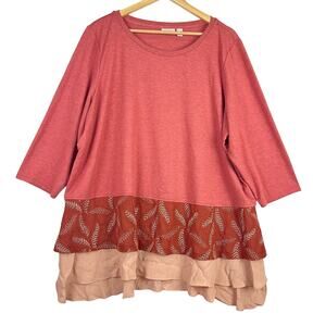 LOGO Plus 2X French Terry Top TUNIC W/ EMBROIDERED Layered Hem 3/4 Sleeve